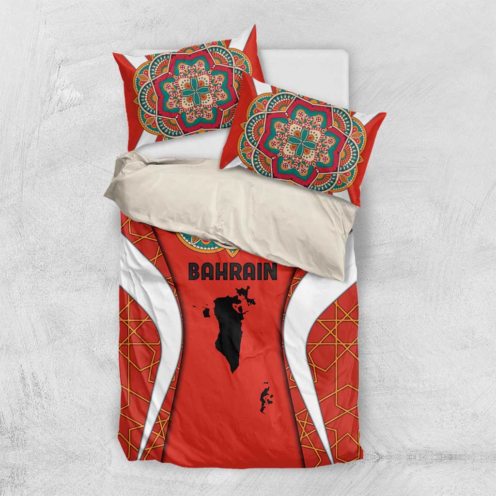Bahrain Mandala Pattern Bedding Set with National Map and Arabic Geometric Design