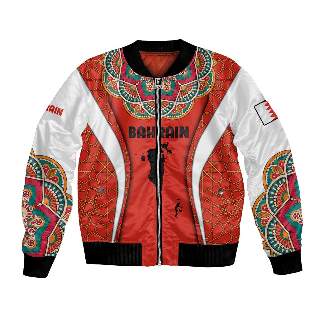 Bahrain Mandala Pattern Bomber Jacket with National Map and Arabic Geometric Design