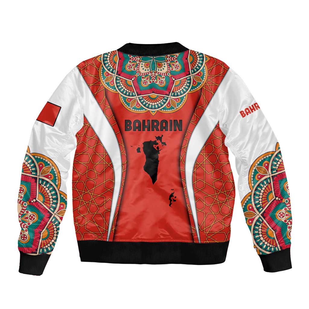 Bahrain Mandala Pattern Bomber Jacket with National Map and Arabic Geometric Design