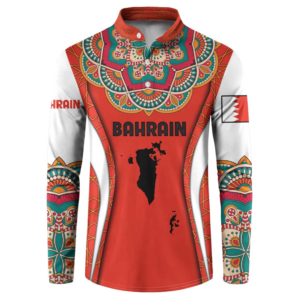 Bahrain Mandala Pattern Button Sweatshirt with National Map and Arabic Geometric Design