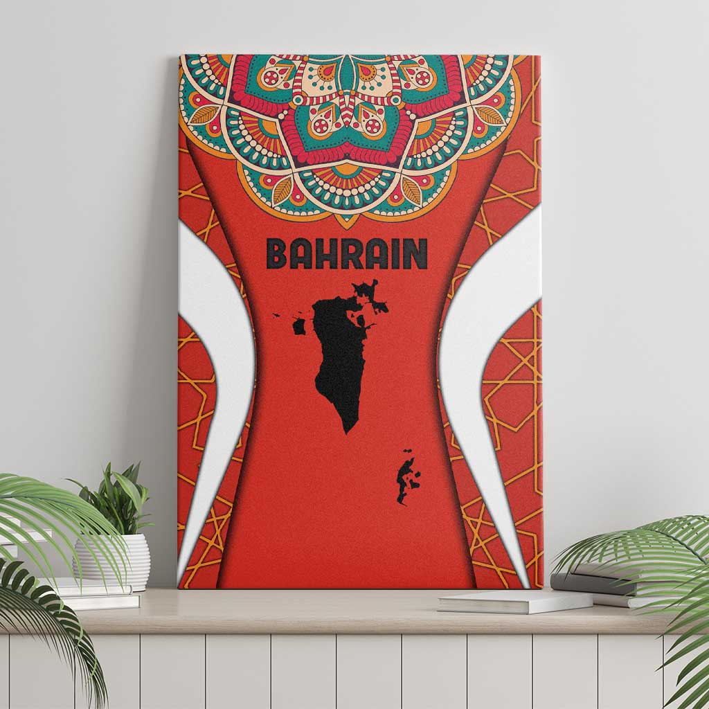 Bahrain Mandala Pattern Canvas Wall Art with National Map and Arabic Geometric Design