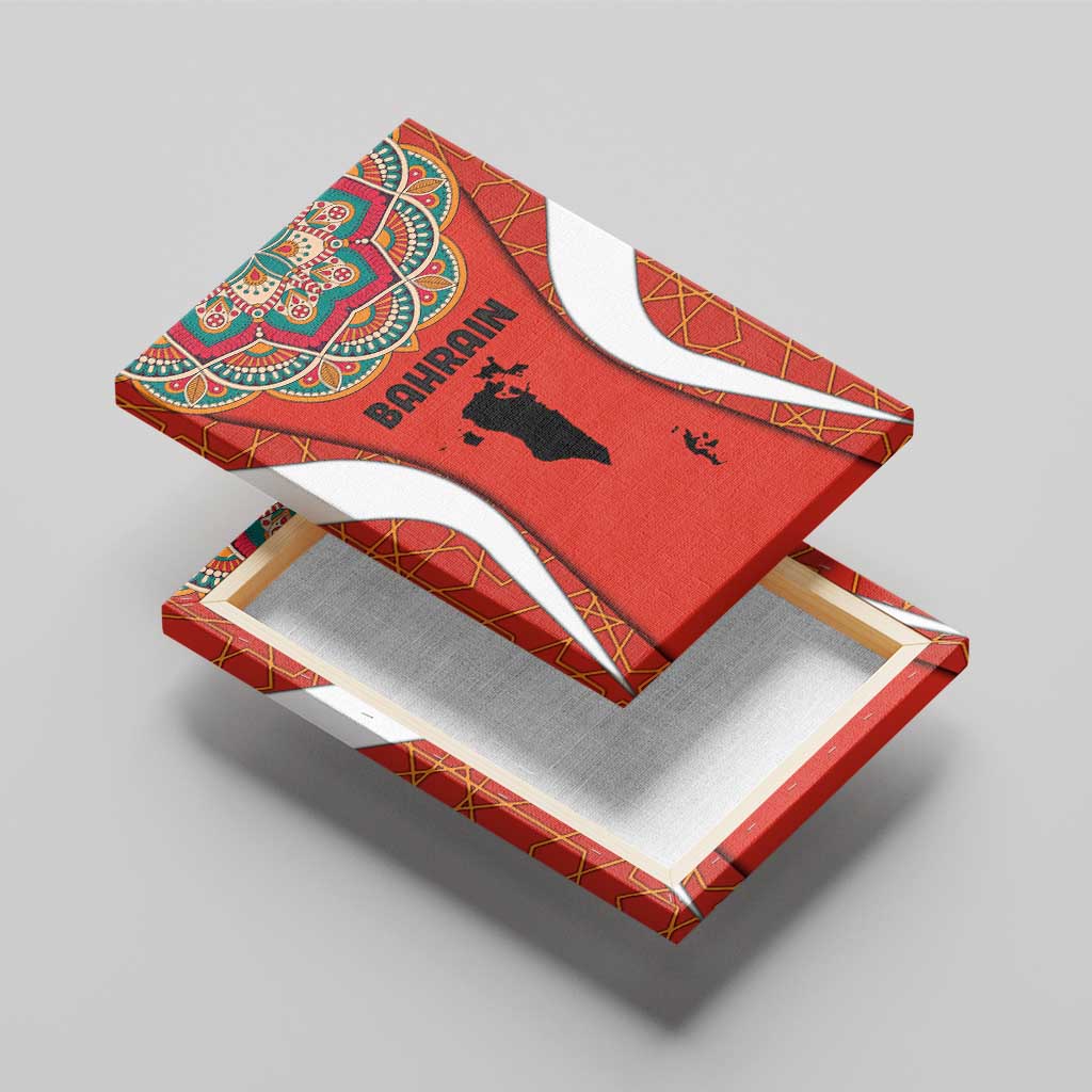 Bahrain Mandala Pattern Canvas Wall Art with National Map and Arabic Geometric Design