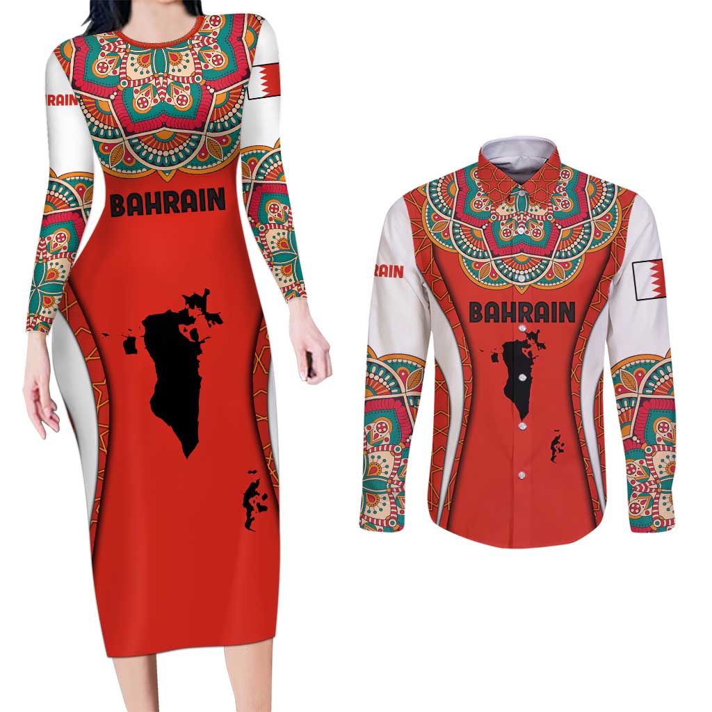 Bahrain Mandala Pattern Couples Matching Long Sleeve Bodycon Dress and Long Sleeve Button Shirt with National Map and Arabic Geometric Design