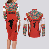 Bahrain Mandala Pattern Couples Matching Long Sleeve Bodycon Dress and Long Sleeve Button Shirt with National Map and Arabic Geometric Design