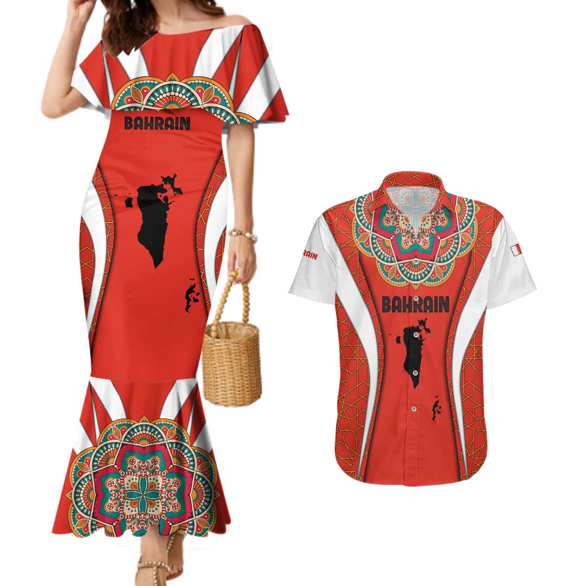 Bahrain Mandala Pattern Couples Matching Mermaid Dress and Hawaiian Shirt with National Map and Arabic Geometric Design