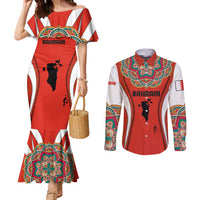 Bahrain Mandala Pattern Couples Matching Mermaid Dress and Long Sleeve Button Shirt with National Map and Arabic Geometric Design