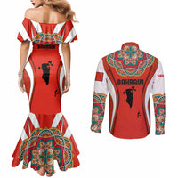 Bahrain Mandala Pattern Couples Matching Mermaid Dress and Long Sleeve Button Shirt with National Map and Arabic Geometric Design