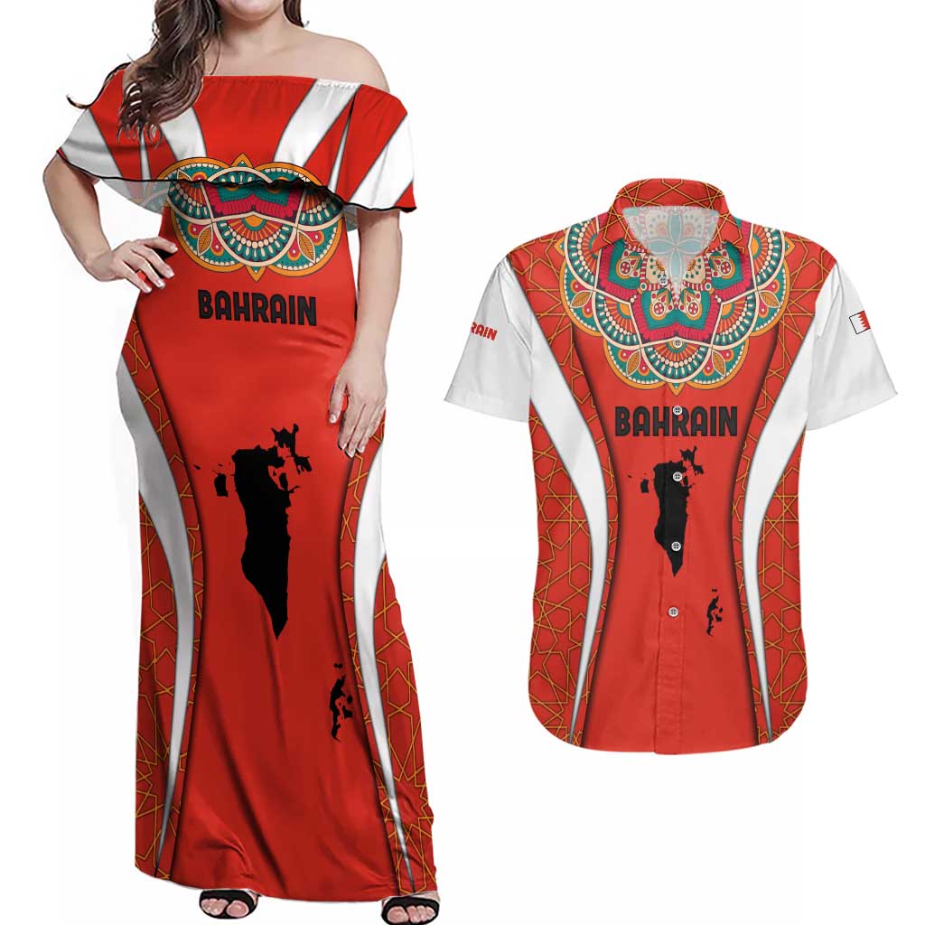 Bahrain Mandala Pattern Couples Matching Off Shoulder Maxi Dress and Hawaiian Shirt with National Map and Arabic Geometric Design