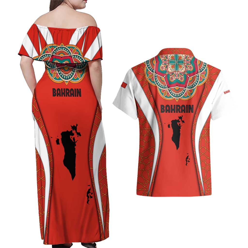 Bahrain Mandala Pattern Couples Matching Off Shoulder Maxi Dress and Hawaiian Shirt with National Map and Arabic Geometric Design
