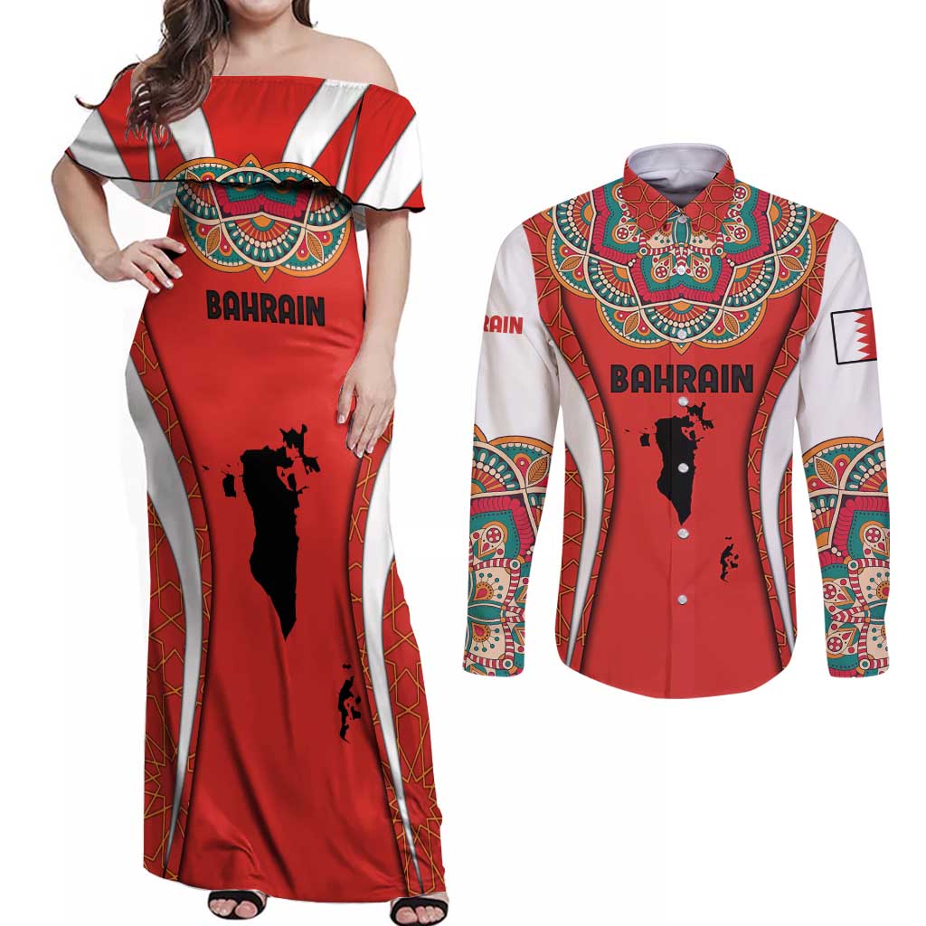 Bahrain Mandala Pattern Couples Matching Off Shoulder Maxi Dress and Long Sleeve Button Shirt with National Map and Arabic Geometric Design
