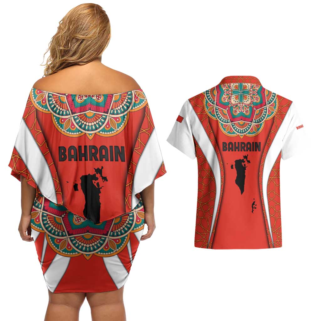 Bahrain Mandala Pattern Couples Matching Off Shoulder Short Dress and Hawaiian Shirt with National Map and Arabic Geometric Design