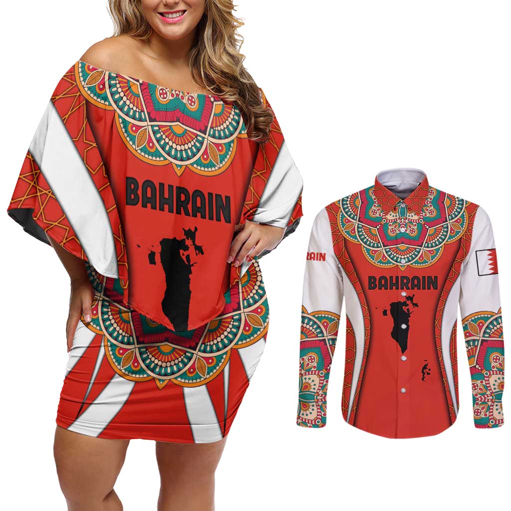 Bahrain Mandala Pattern Couples Matching Off Shoulder Short Dress and Long Sleeve Button Shirt with National Map and Arabic Geometric Design