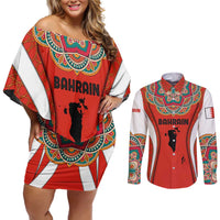 Bahrain Mandala Pattern Couples Matching Off Shoulder Short Dress and Long Sleeve Button Shirt with National Map and Arabic Geometric Design