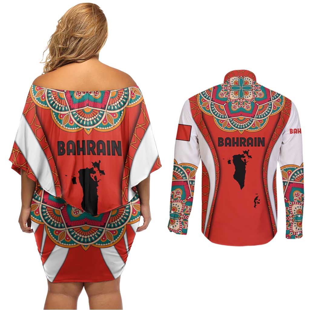 Bahrain Mandala Pattern Couples Matching Off Shoulder Short Dress and Long Sleeve Button Shirt with National Map and Arabic Geometric Design