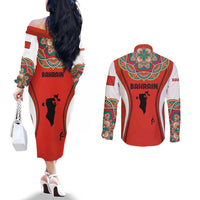 Bahrain Mandala Pattern Couples Matching Off The Shoulder Long Sleeve Dress and Long Sleeve Button Shirt with National Map and Arabic Geometric Design