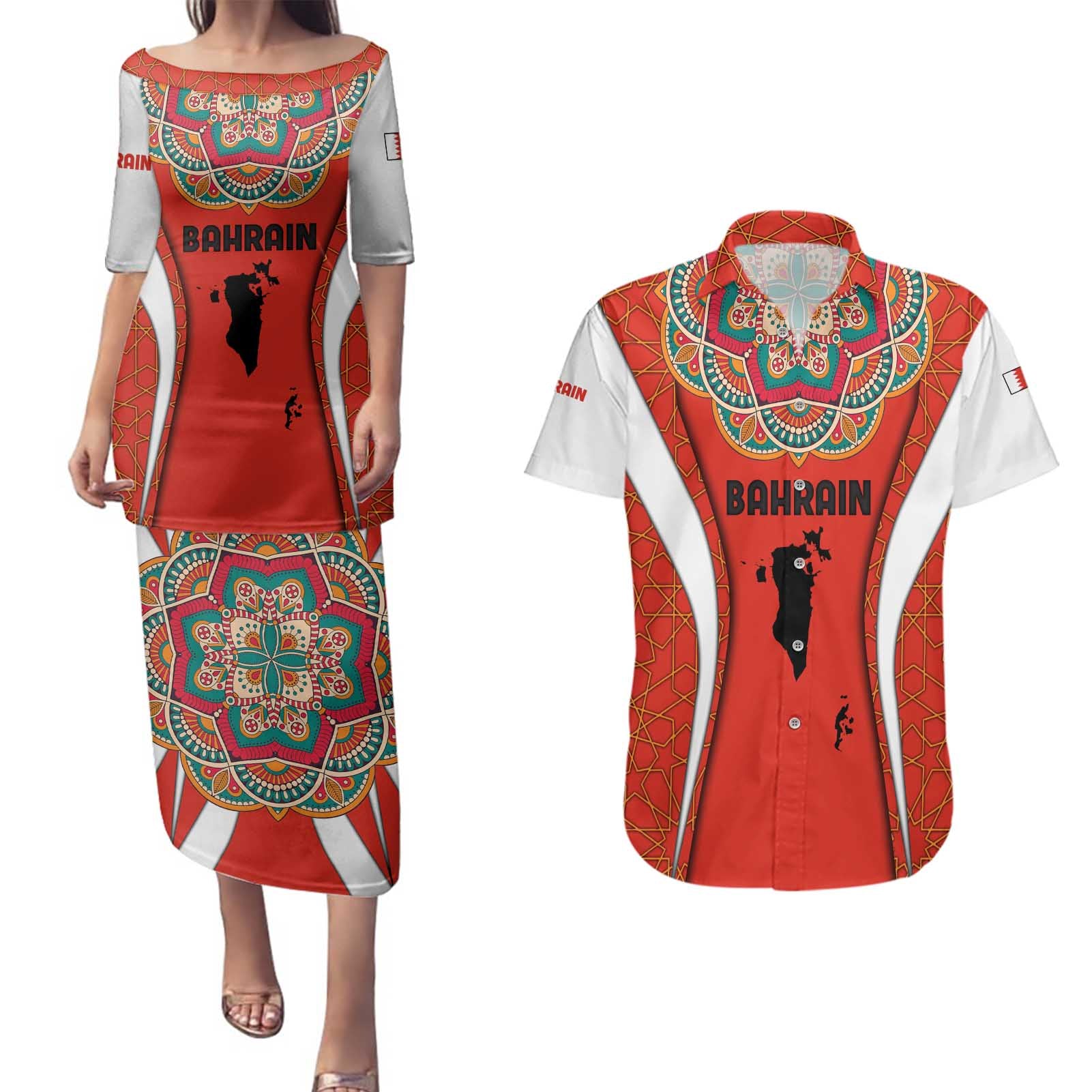 Bahrain Mandala Pattern Couples Matching Puletasi and Hawaiian Shirt with National Map and Arabic Geometric Design