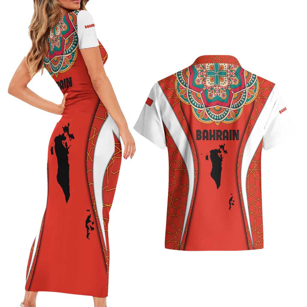 Bahrain Mandala Pattern Couples Matching Short Sleeve Bodycon Dress and Hawaiian Shirt with National Map and Arabic Geometric Design