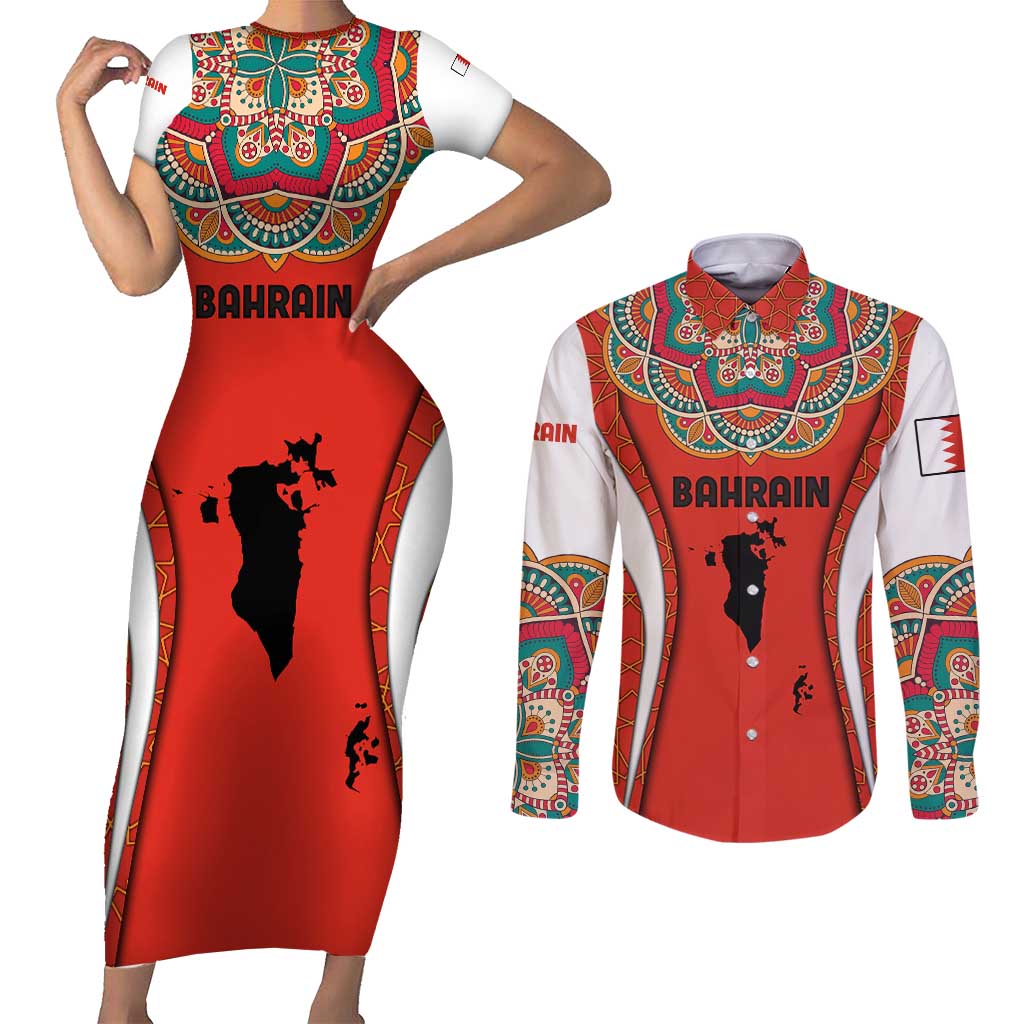 Bahrain Mandala Pattern Couples Matching Short Sleeve Bodycon Dress and Long Sleeve Button Shirt with National Map and Arabic Geometric Design