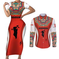 Bahrain Mandala Pattern Couples Matching Short Sleeve Bodycon Dress and Long Sleeve Button Shirt with National Map and Arabic Geometric Design