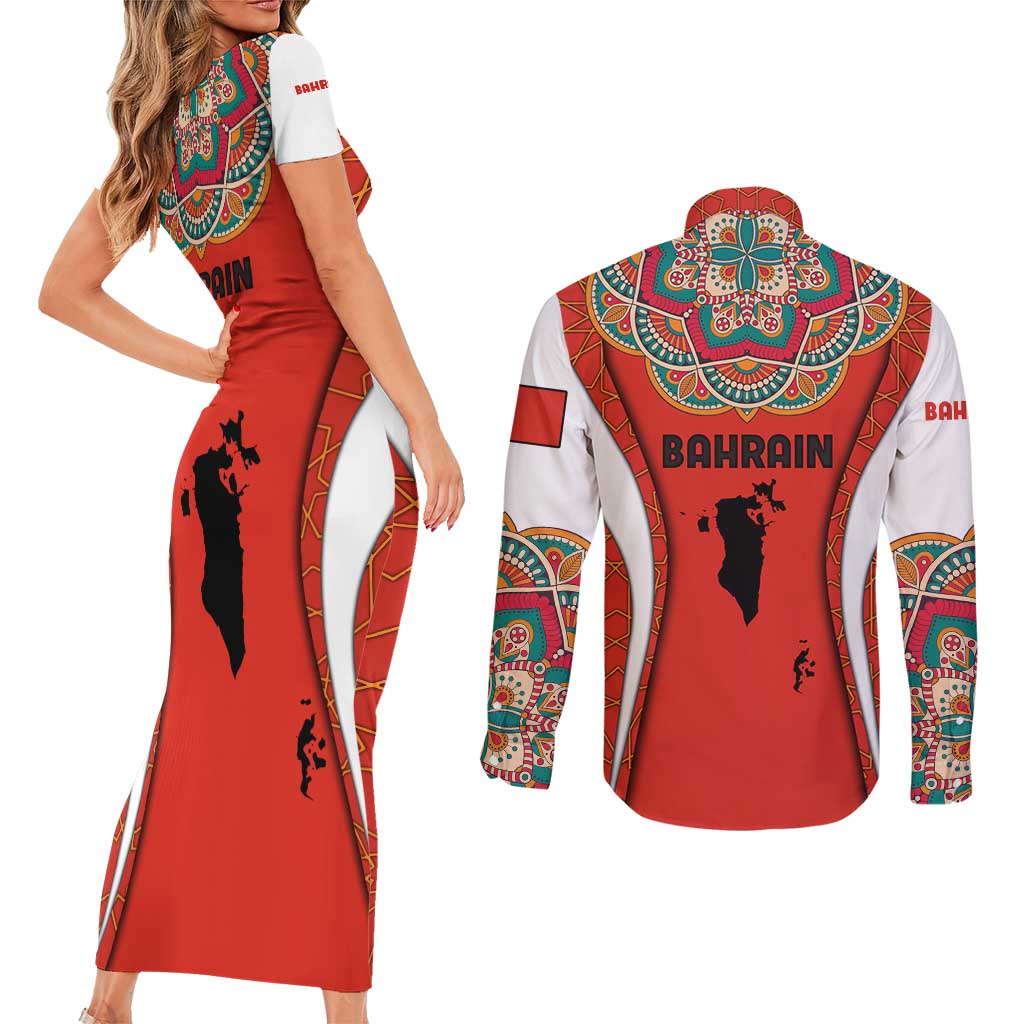 Bahrain Mandala Pattern Couples Matching Short Sleeve Bodycon Dress and Long Sleeve Button Shirt with National Map and Arabic Geometric Design