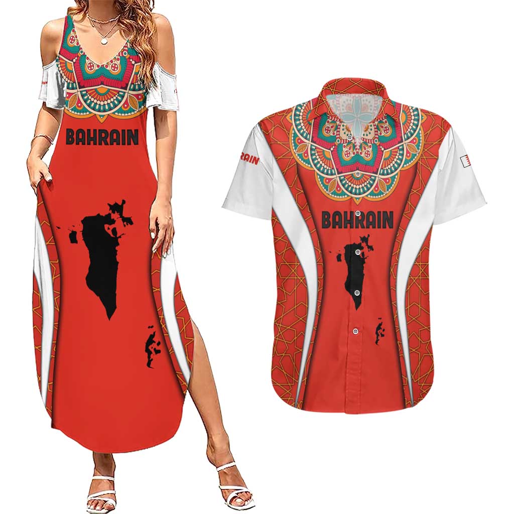 Bahrain Mandala Pattern Couples Matching Summer Maxi Dress and Hawaiian Shirt with National Map and Arabic Geometric Design