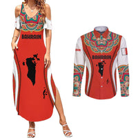 Bahrain Mandala Pattern Couples Matching Summer Maxi Dress and Long Sleeve Button Shirt with National Map and Arabic Geometric Design