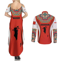 Bahrain Mandala Pattern Couples Matching Summer Maxi Dress and Long Sleeve Button Shirt with National Map and Arabic Geometric Design