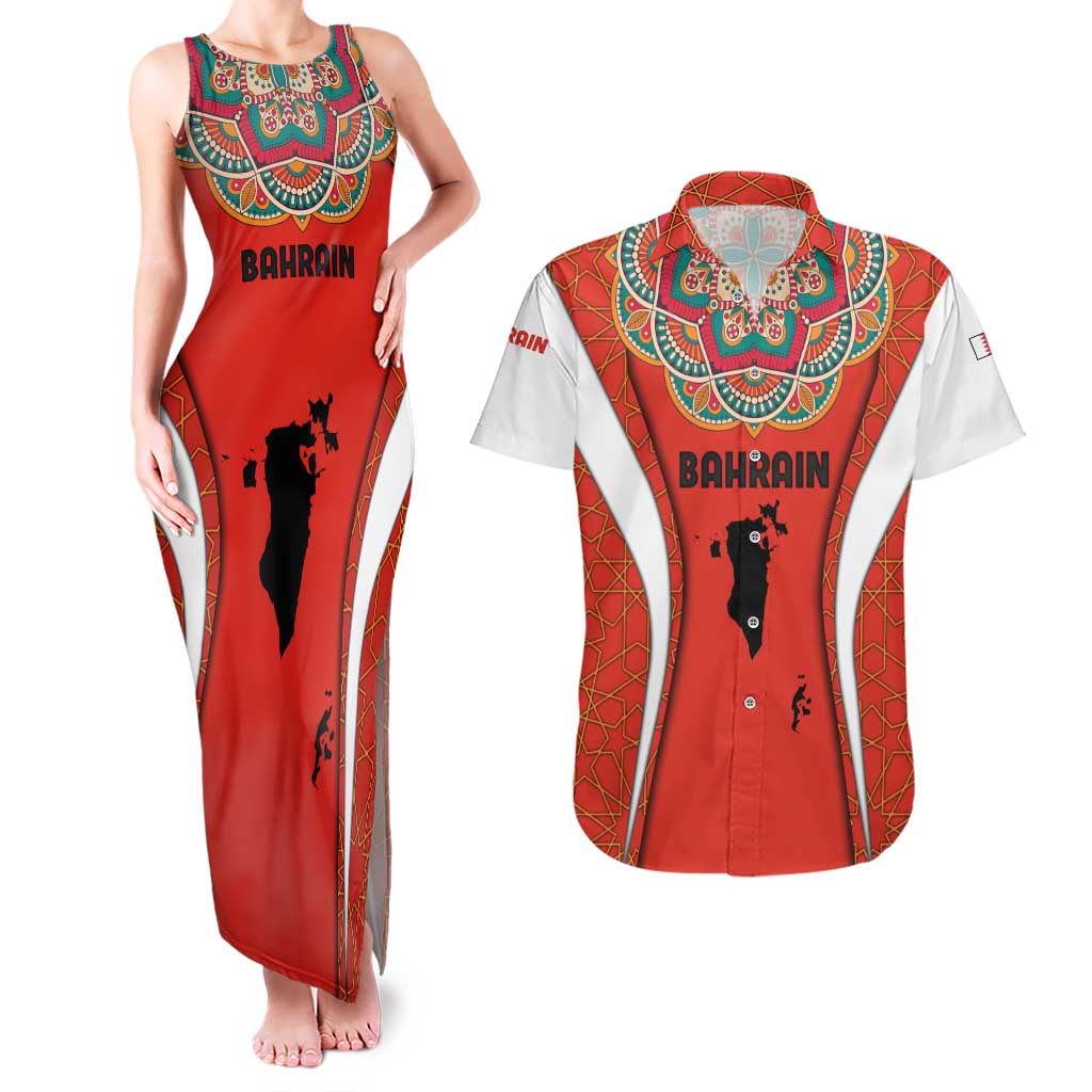 Bahrain Mandala Pattern Couples Matching Tank Maxi Dress and Hawaiian Shirt with National Map and Arabic Geometric Design