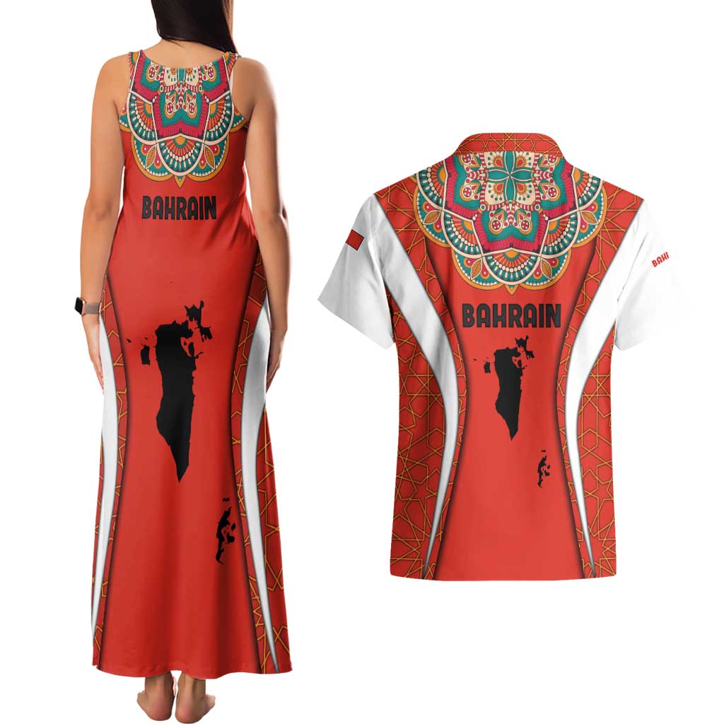 Bahrain Mandala Pattern Couples Matching Tank Maxi Dress and Hawaiian Shirt with National Map and Arabic Geometric Design
