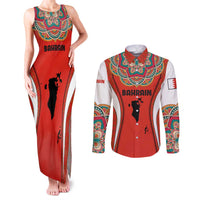Bahrain Mandala Pattern Couples Matching Tank Maxi Dress and Long Sleeve Button Shirt with National Map and Arabic Geometric Design