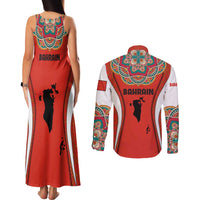 Bahrain Mandala Pattern Couples Matching Tank Maxi Dress and Long Sleeve Button Shirt with National Map and Arabic Geometric Design