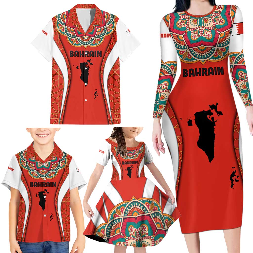Bahrain Mandala Pattern Family Matching Long Sleeve Bodycon Dress and Hawaiian Shirt with National Map and Arabic Geometric Design