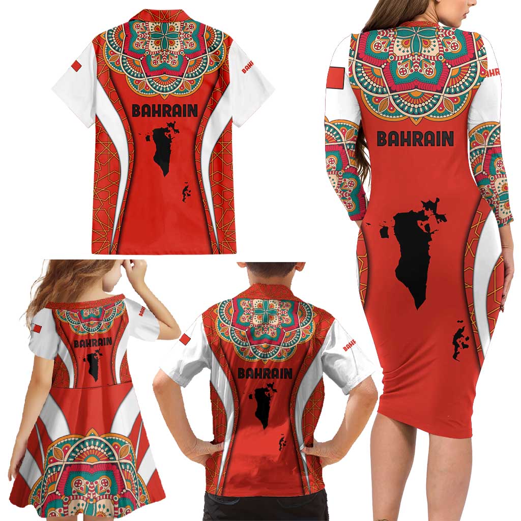 Bahrain Mandala Pattern Family Matching Long Sleeve Bodycon Dress and Hawaiian Shirt with National Map and Arabic Geometric Design