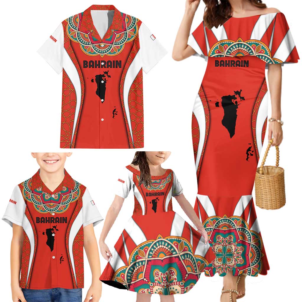 Bahrain Mandala Pattern Family Matching Mermaid Dress and Hawaiian Shirt with National Map and Arabic Geometric Design