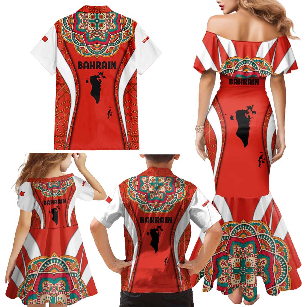 Bahrain Mandala Pattern Family Matching Mermaid Dress and Hawaiian Shirt with National Map and Arabic Geometric Design