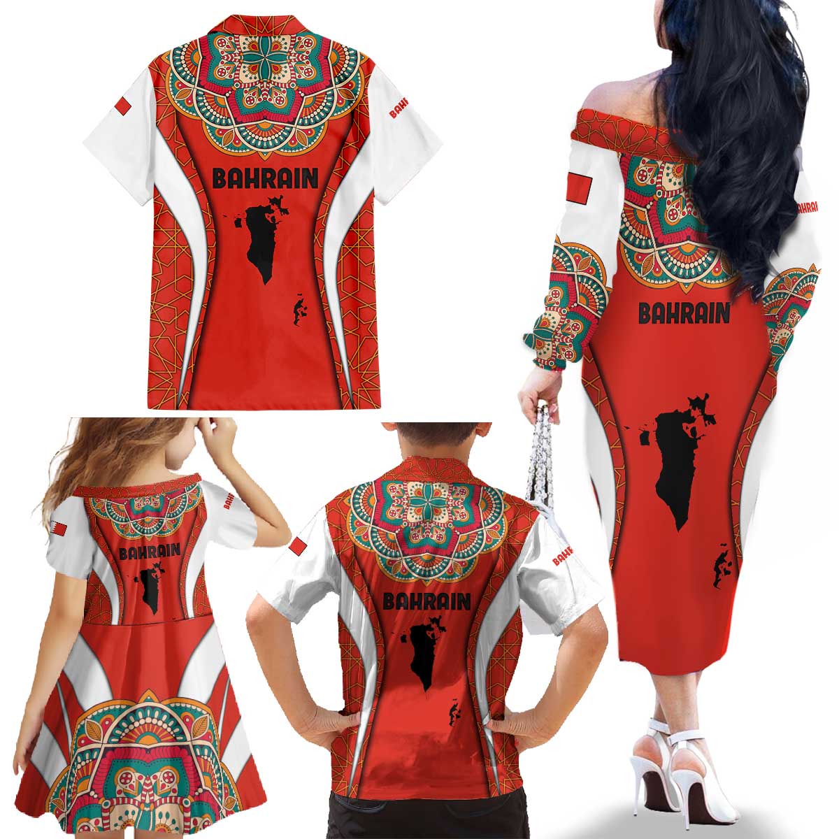 Bahrain Mandala Pattern Family Matching Off The Shoulder Long Sleeve Dress and Hawaiian Shirt with National Map and Arabic Geometric Design