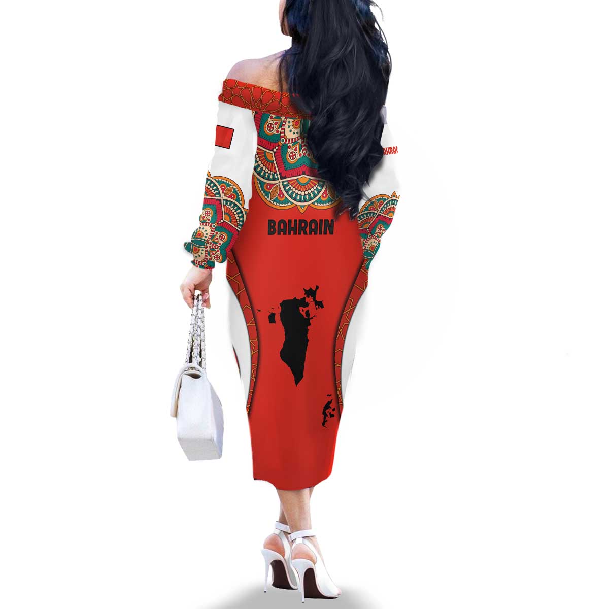Bahrain Mandala Pattern Family Matching Off The Shoulder Long Sleeve Dress and Hawaiian Shirt with National Map and Arabic Geometric Design