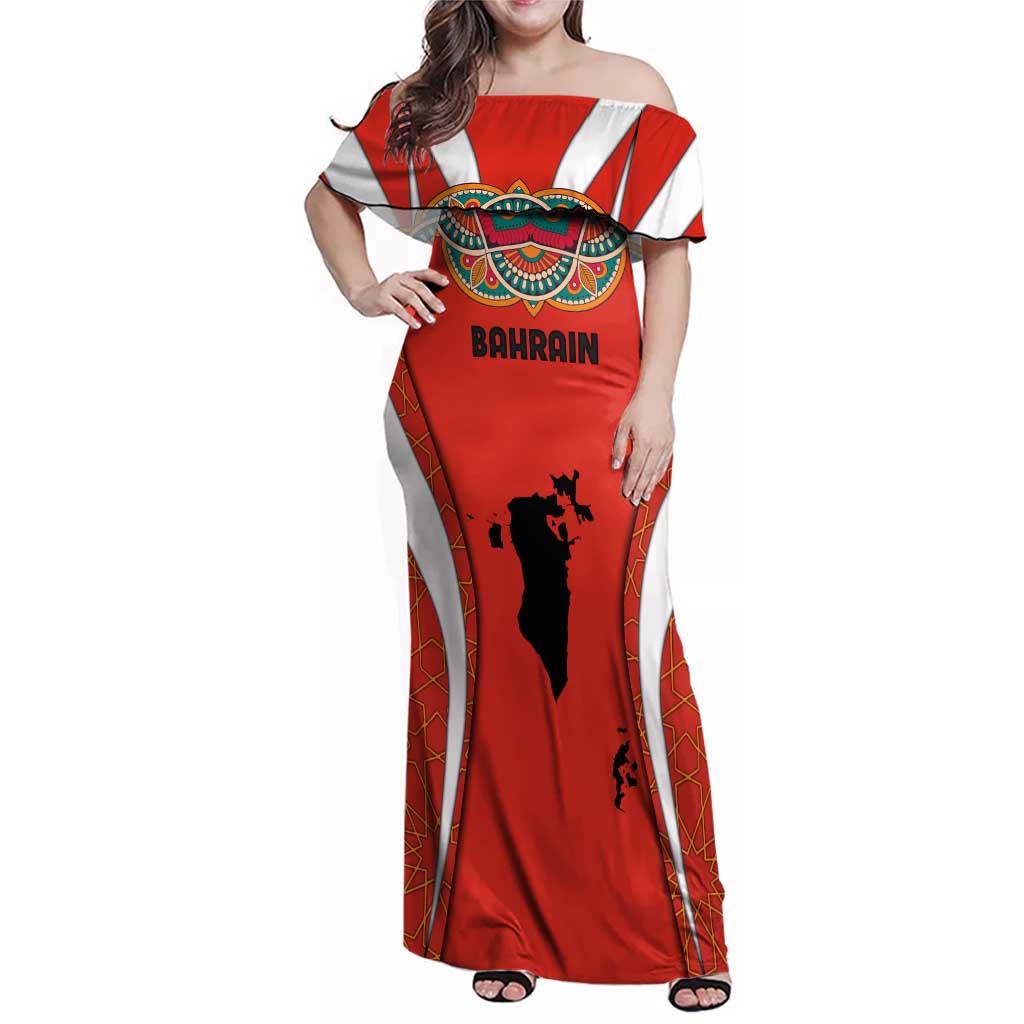 Bahrain Mandala Pattern Family Matching Off Shoulder Maxi Dress and Hawaiian Shirt with National Map and Arabic Geometric Design