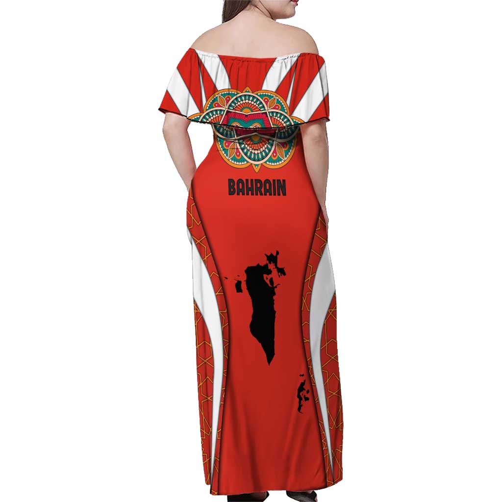 Bahrain Mandala Pattern Family Matching Off Shoulder Maxi Dress and Hawaiian Shirt with National Map and Arabic Geometric Design