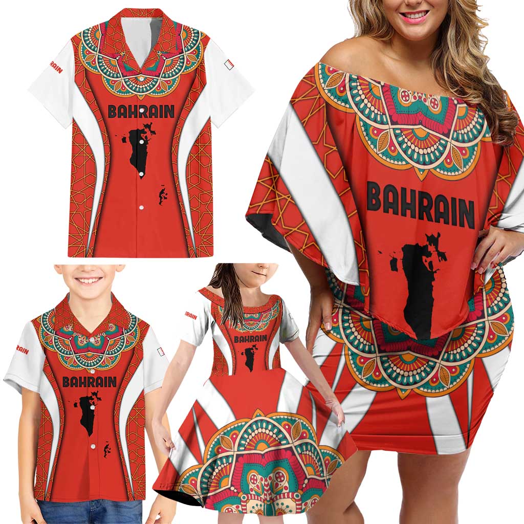 Bahrain Mandala Pattern Family Matching Off Shoulder Short Dress and Hawaiian Shirt with National Map and Arabic Geometric Design