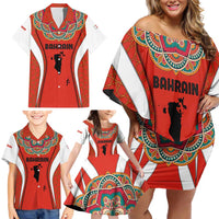 Bahrain Mandala Pattern Family Matching Off Shoulder Short Dress and Hawaiian Shirt with National Map and Arabic Geometric Design