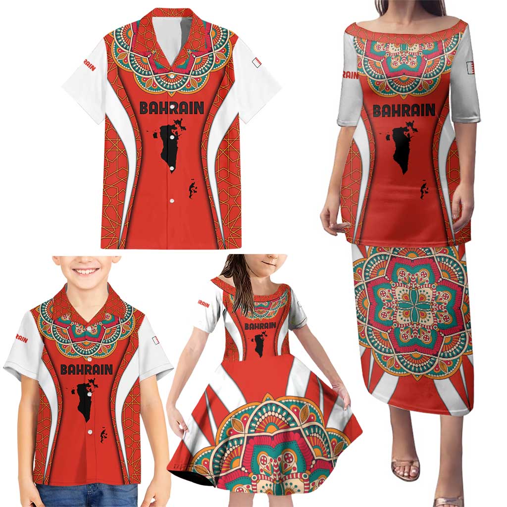 Bahrain Mandala Pattern Family Matching Puletasi and Hawaiian Shirt with National Map and Arabic Geometric Design
