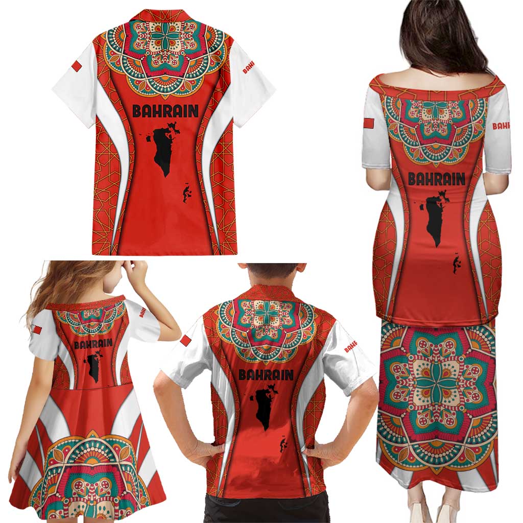Bahrain Mandala Pattern Family Matching Puletasi and Hawaiian Shirt with National Map and Arabic Geometric Design