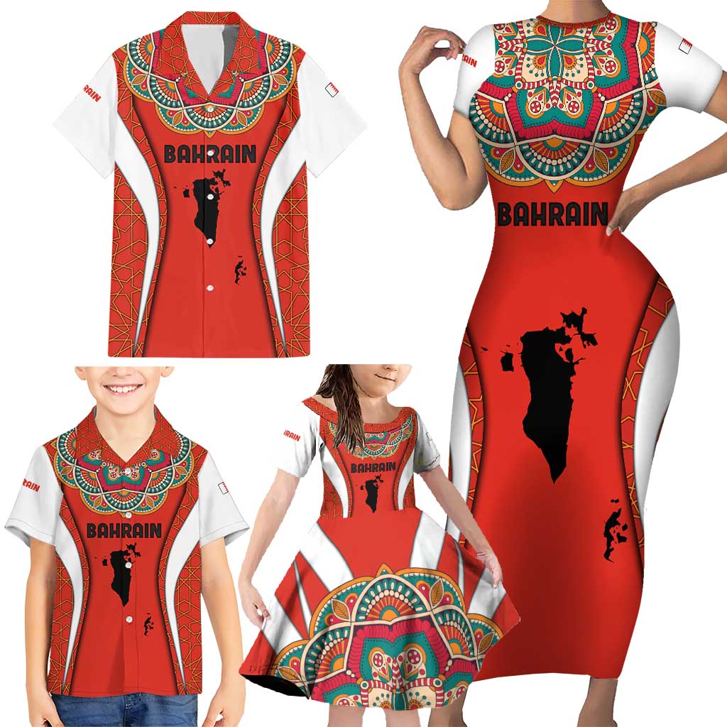 Bahrain Mandala Pattern Family Matching Short Sleeve Bodycon Dress and Hawaiian Shirt with National Map and Arabic Geometric Design