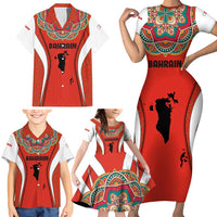 Bahrain Mandala Pattern Family Matching Short Sleeve Bodycon Dress and Hawaiian Shirt with National Map and Arabic Geometric Design