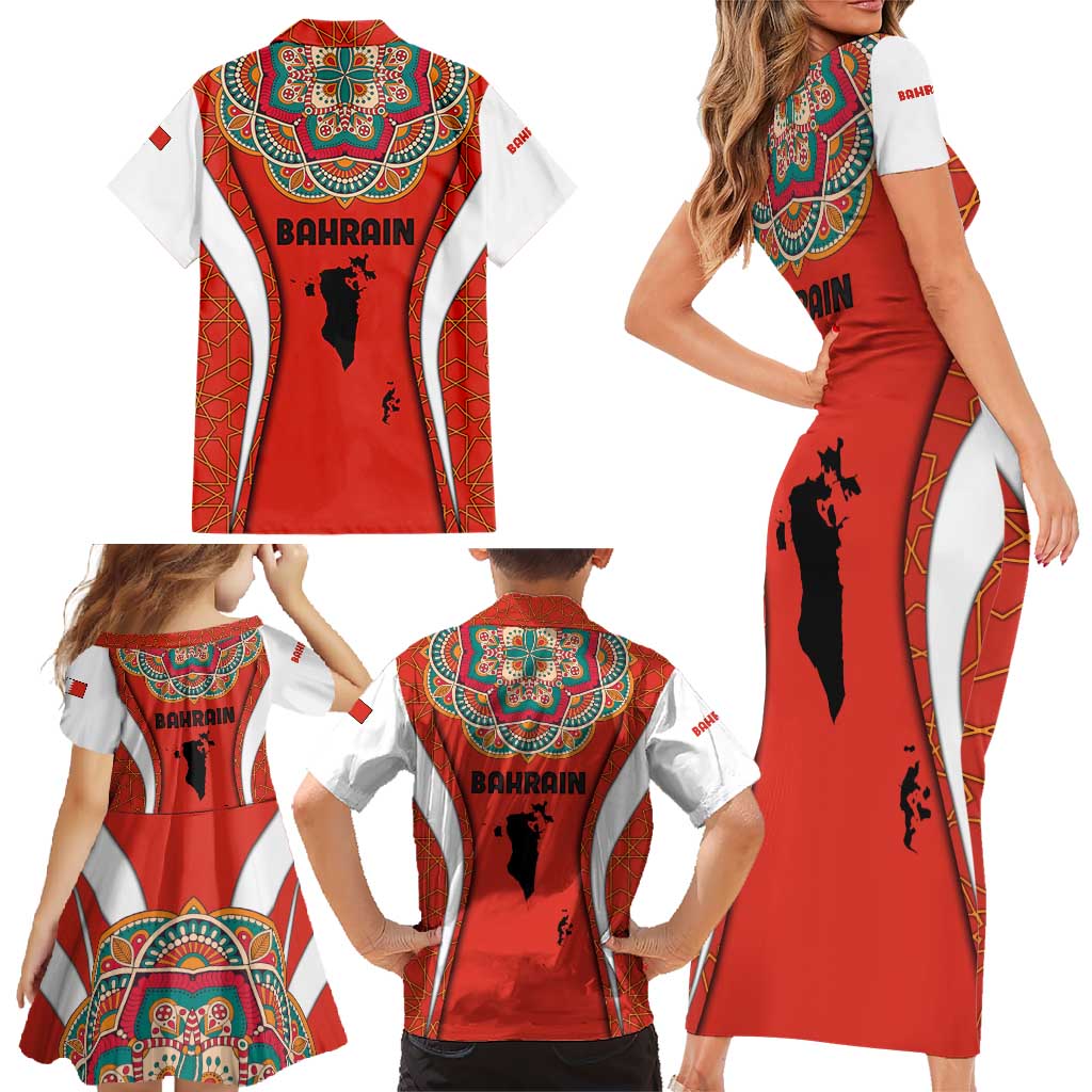 Bahrain Mandala Pattern Family Matching Short Sleeve Bodycon Dress and Hawaiian Shirt with National Map and Arabic Geometric Design