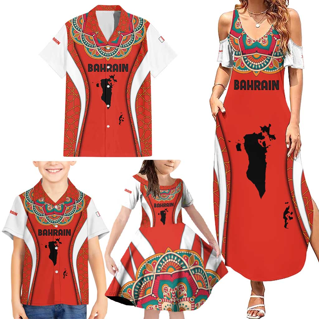 Bahrain Mandala Pattern Family Matching Summer Maxi Dress and Hawaiian Shirt with National Map and Arabic Geometric Design
