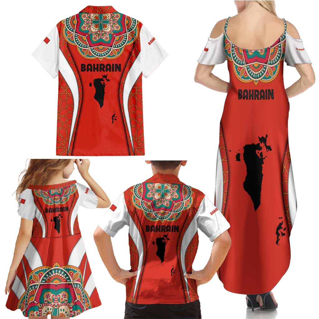 Bahrain Mandala Pattern Family Matching Summer Maxi Dress and Hawaiian Shirt with National Map and Arabic Geometric Design