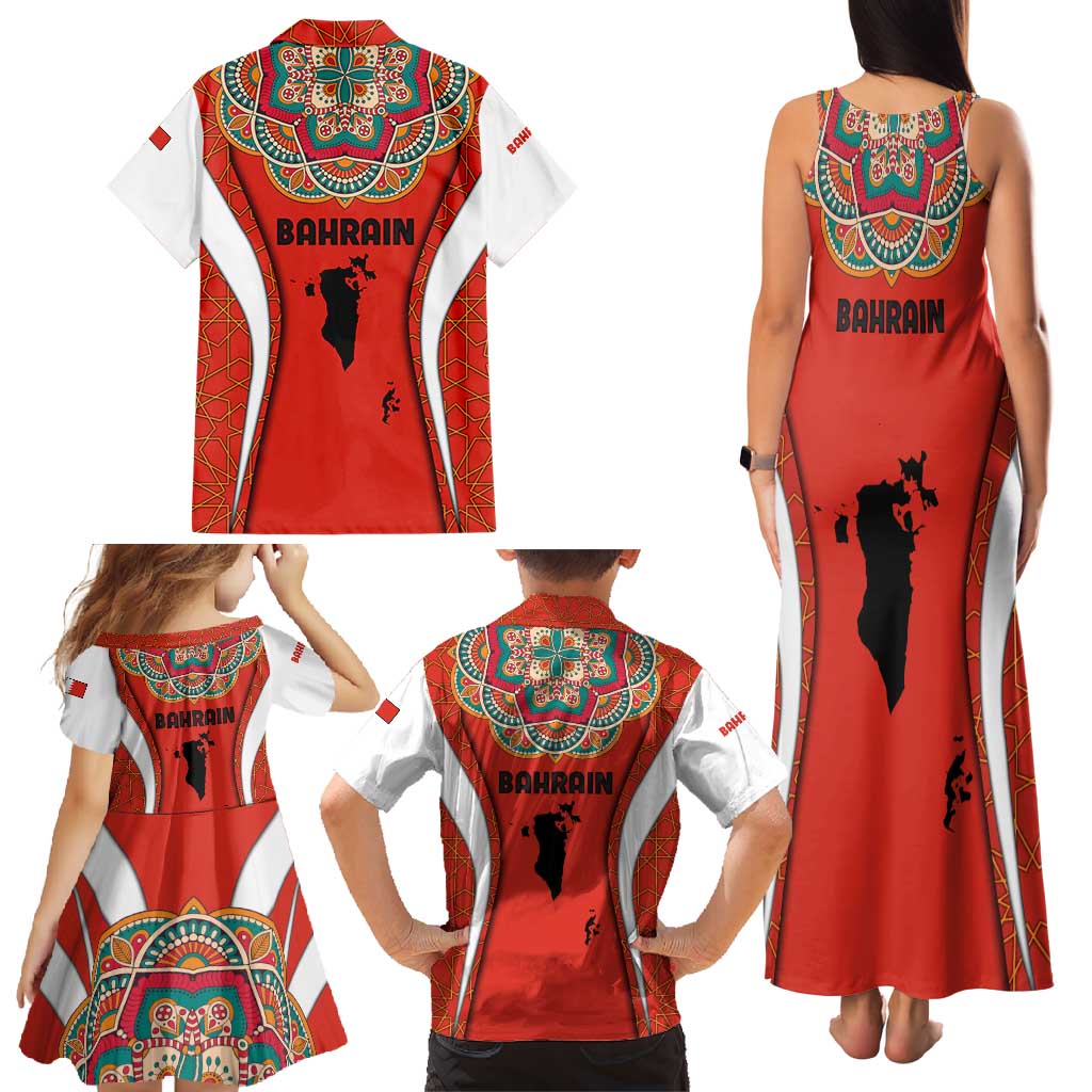 Bahrain Mandala Pattern Family Matching Tank Maxi Dress and Hawaiian Shirt with National Map and Arabic Geometric Design