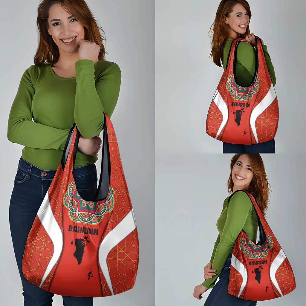 Bahrain Mandala Pattern Grocery Bag with National Map and Arabic Geometric Design